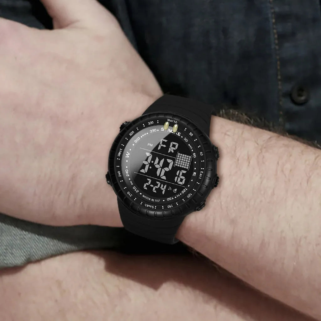 Black waterproof electronic outdoor watch with plastic case and PU strap showing 54.74mm dial
