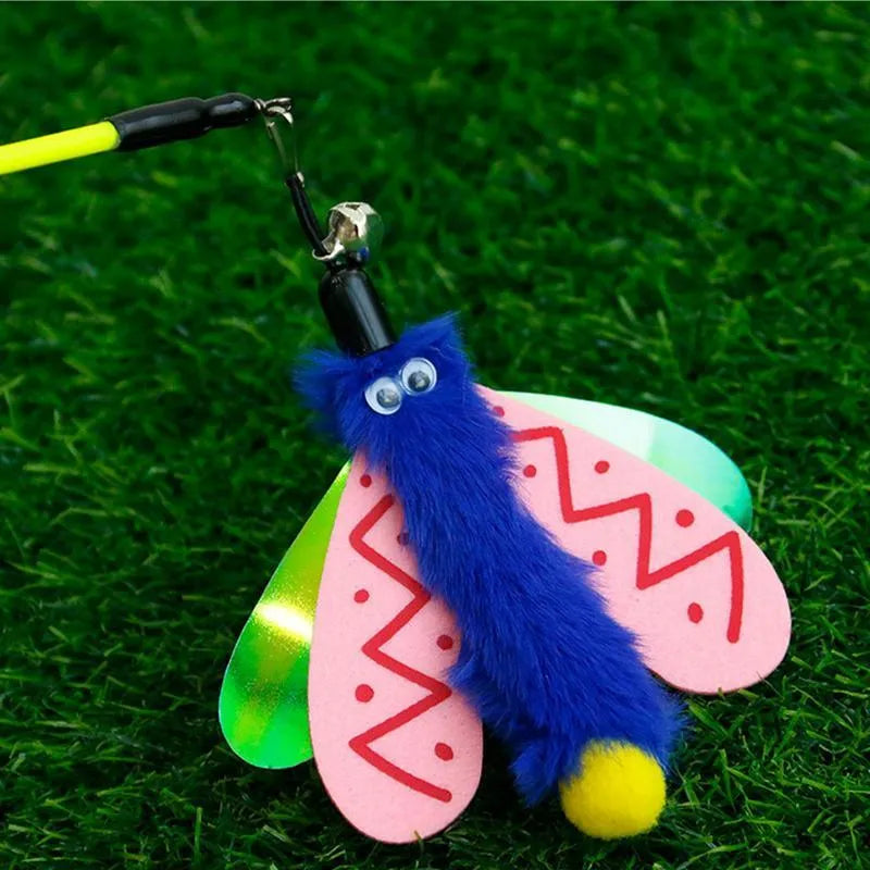 Cat wand toy with dragonfly attachment and bell on 49cm stick