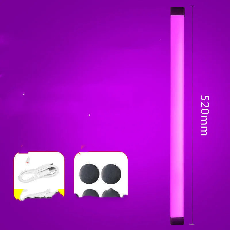 Rechargeable dimmable LED tube light in blue and purple colours shown in a bedroom setting.
