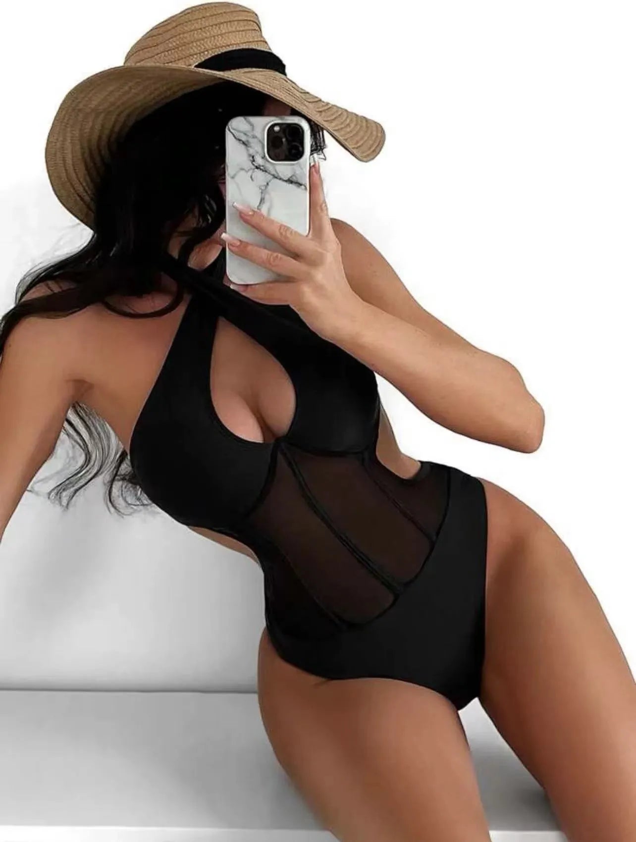 Lady's one-piece spun yarn swimsuit bikini on a hanger, shown in black, rose red, and green colour options.