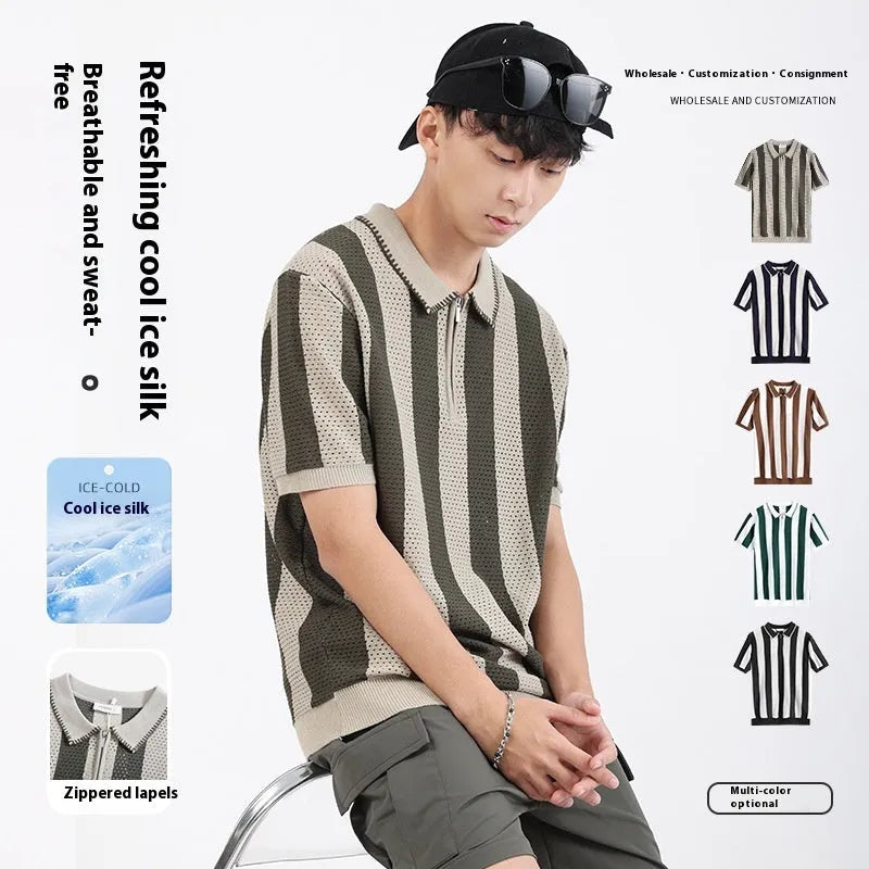 Men's short sleeve ice silk sweater with stripe pattern and zip decoration in viscose fabric