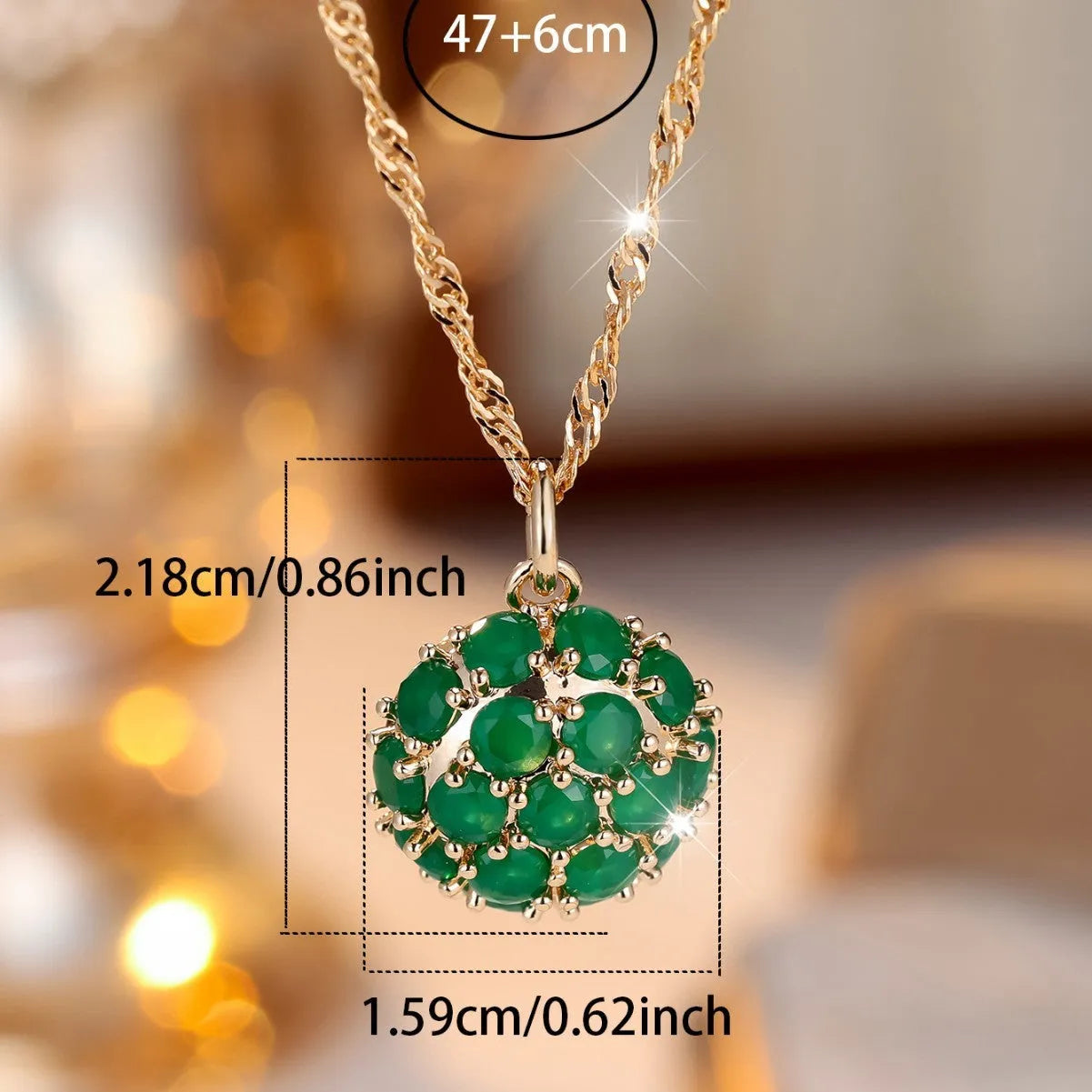 Golden green emerald diamond pendant necklace with adjustable 51-60cm chain in champagne gold colour