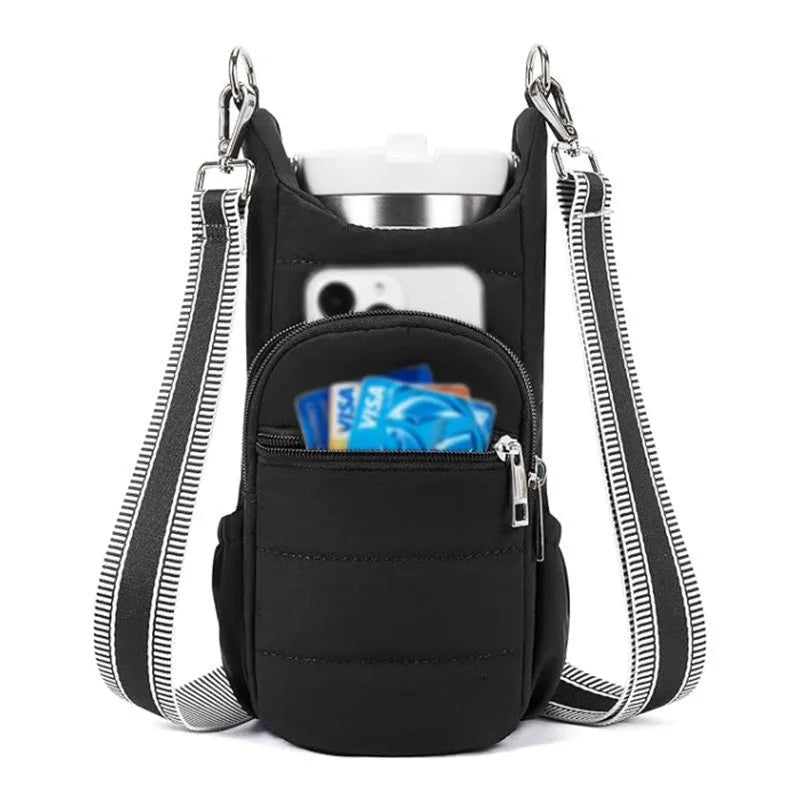 Black, pink and beige cloth water bottle bags for bicycles