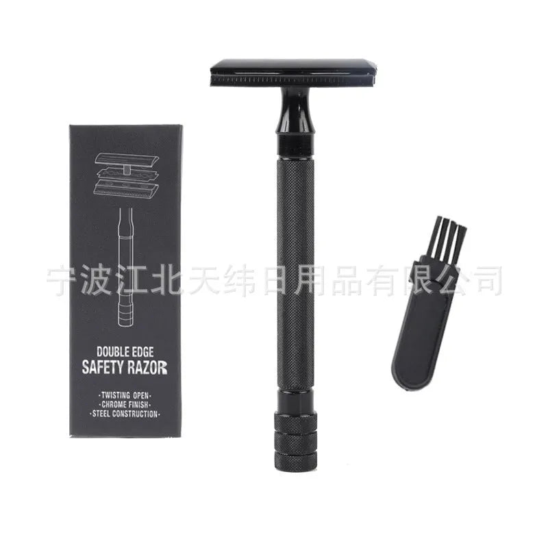 Traditional manual pogonotomy scraper and brush set for wet shaving in black or silver metal finish.