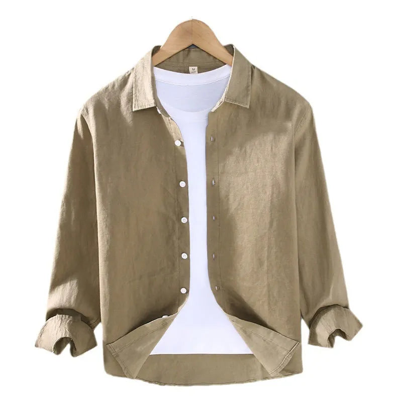 Men's pure linen shirt in cardigan style, shown in a solid earthy colour with long sleeves.