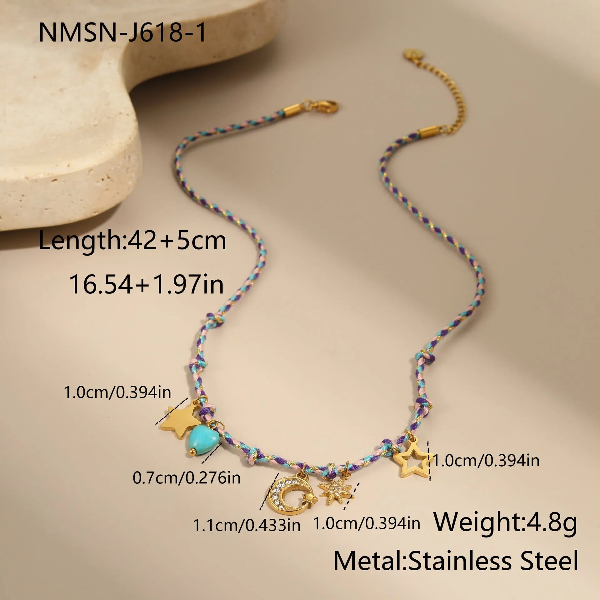 Handmade braided rope necklace and bracelet set with heart pendant in stainless steel