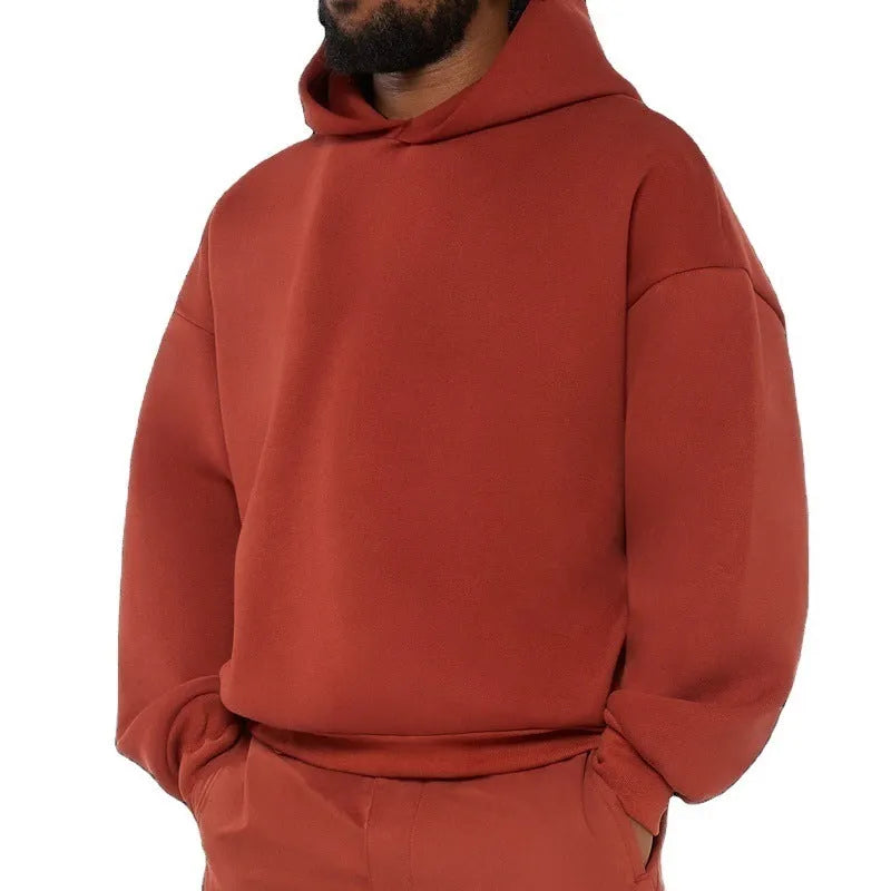 Men's grey fleece-lined cotton pullover hoodie with wool lining shown front view