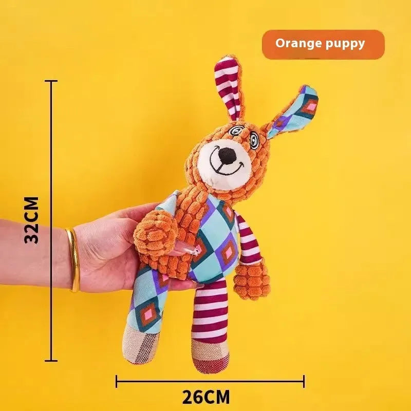 Assorted plush puppy toys including a blue elephant, coloured donkeys, and rechargeable duck styles.