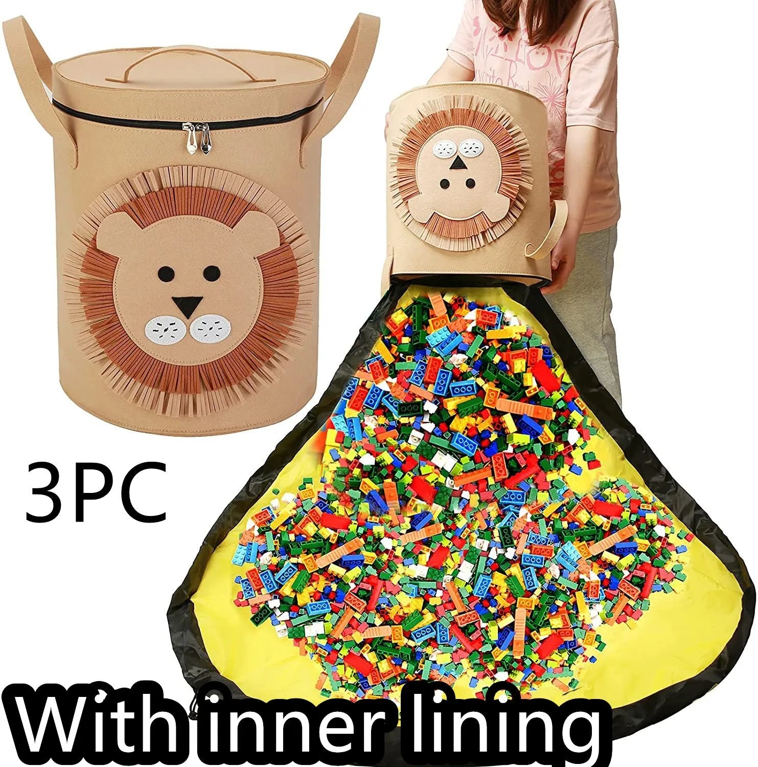 Green felt cube storage bag with pull rope serving as toy organiser and play mat
