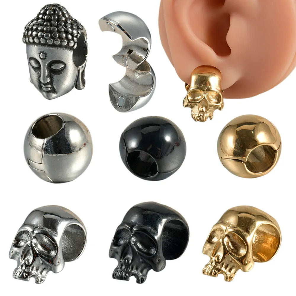 Stainless steel hollow geometric skull Buddha earrings for auricle piercing in electroplated colours