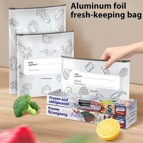 Aluminium foil fresh-keeping bags in large, medium, and small sizes for food storage.