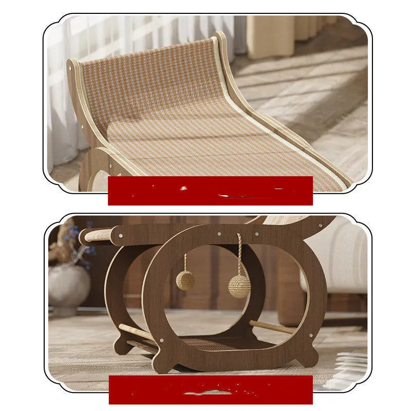 Solid wood cat scratching mat and bed in walnut colour with sisal surface.