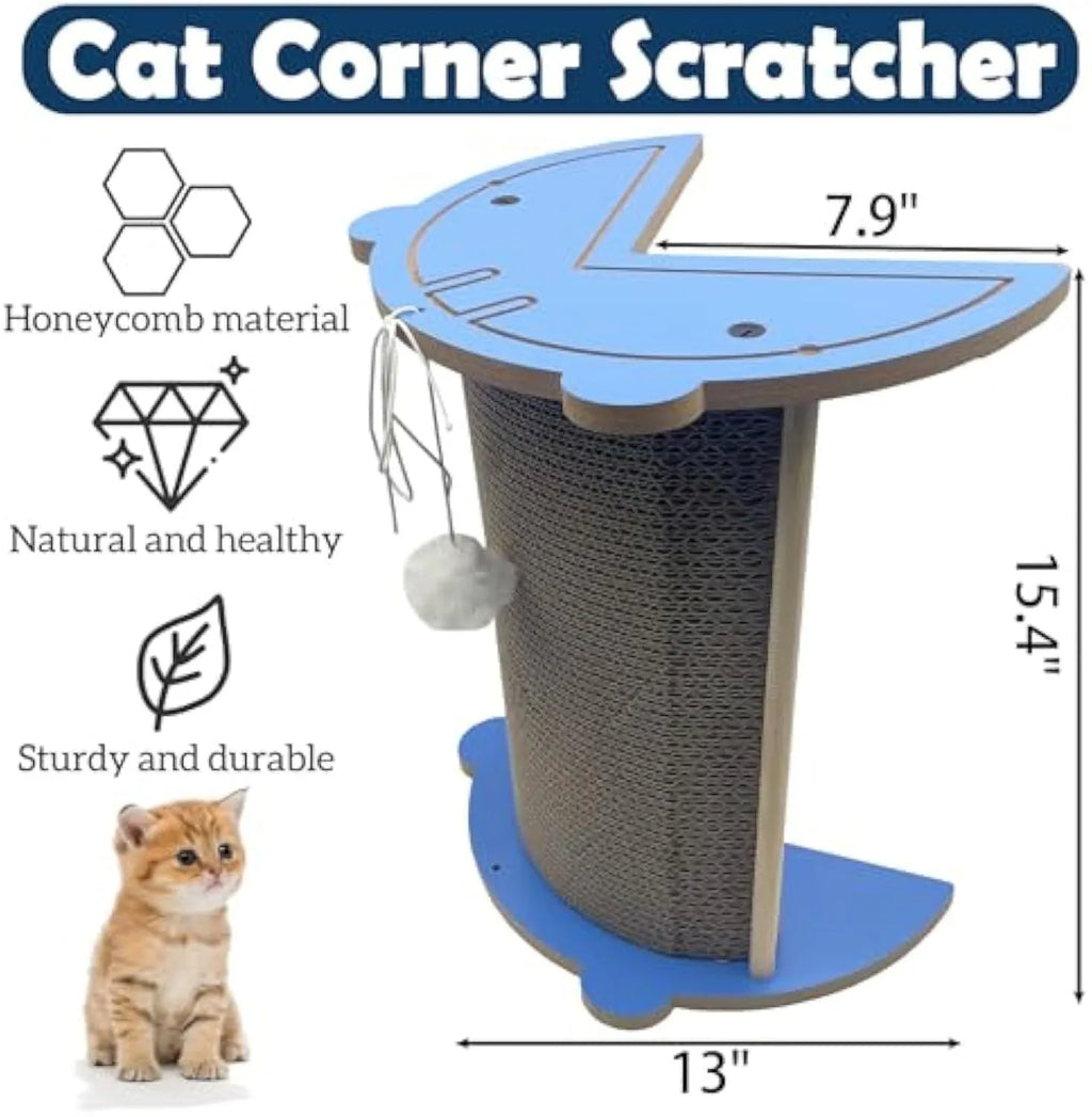Cardboard corner scratching pad for cats on a wall with hanging ball and catnip.