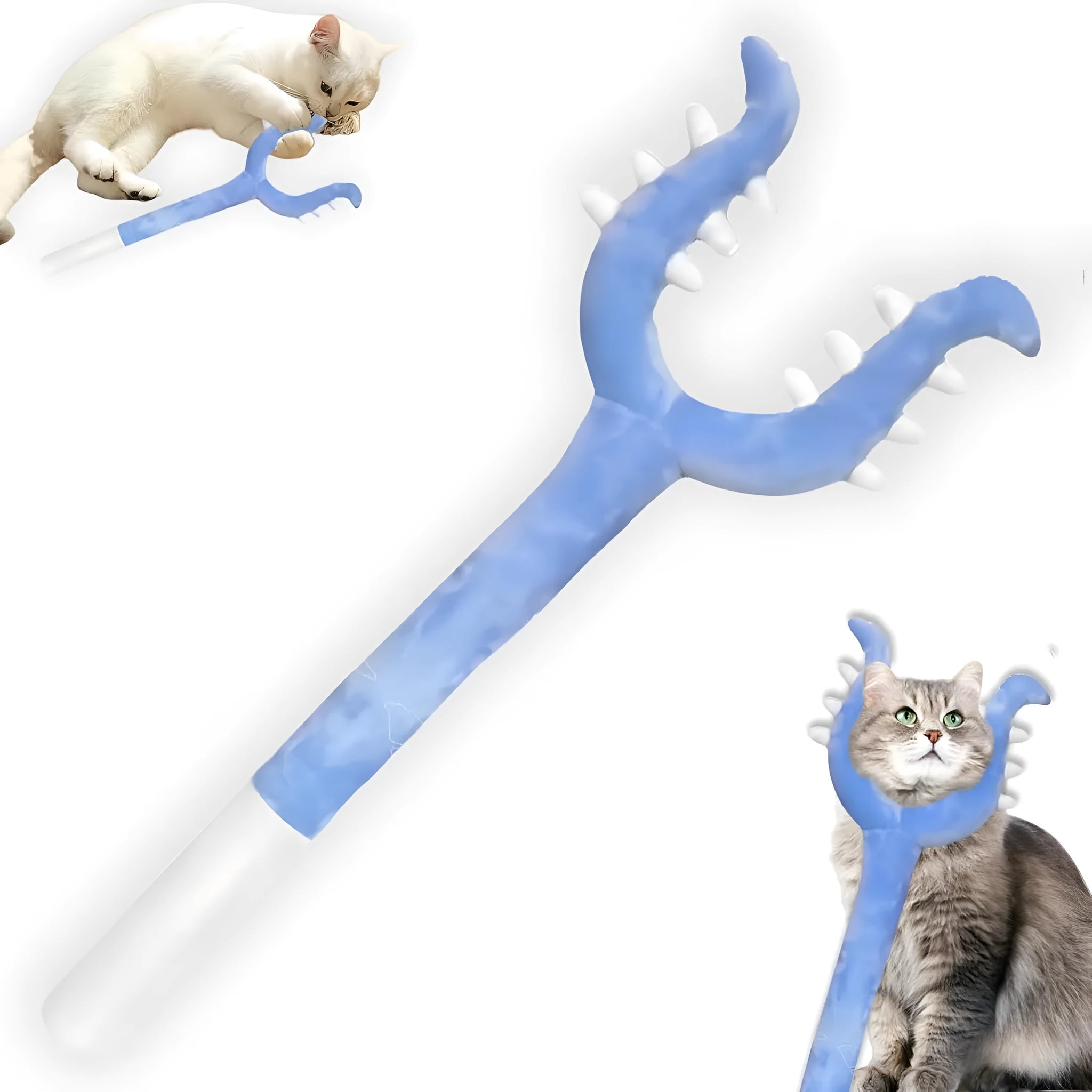 Blue plush cat wand toy with 70cm stick for interactive pet play