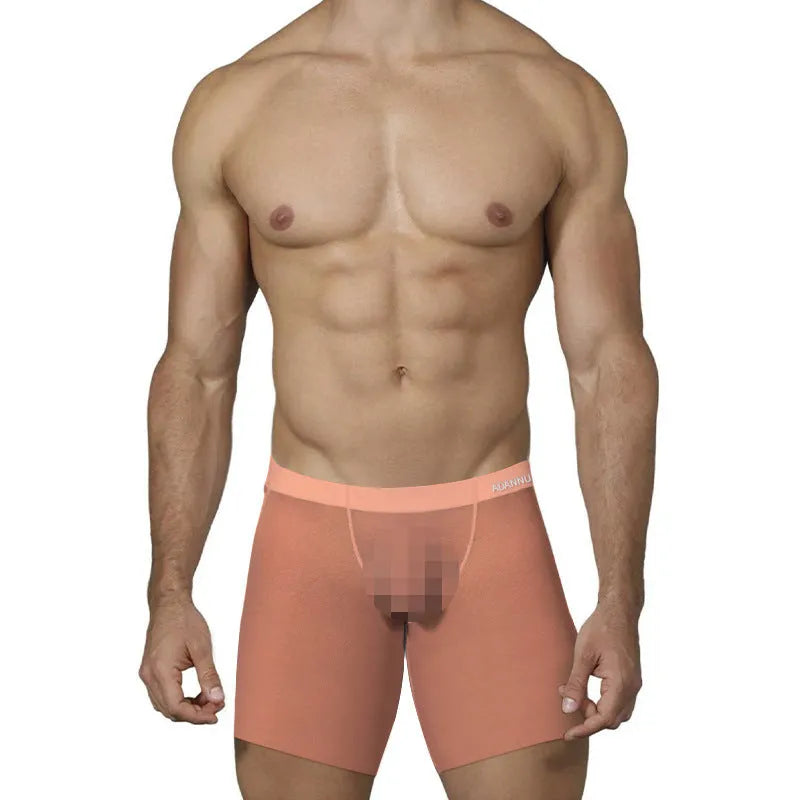 Men's ice silk boxer shorts in orange, pink and red colours with low waist design
