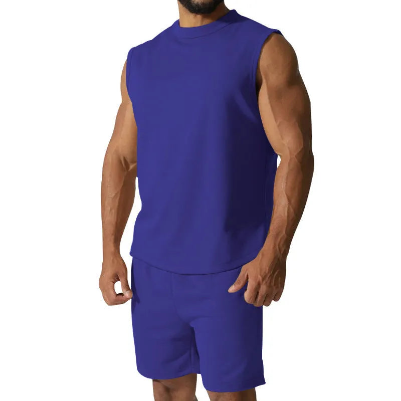 Men's sleeveless sports suit two-piece set in cotton blend fabric showing top and matching shorts