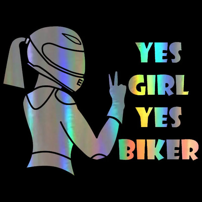 Cool girl rider character waterproof car sticker in black white or laser colour measuring 16cm by 15cm