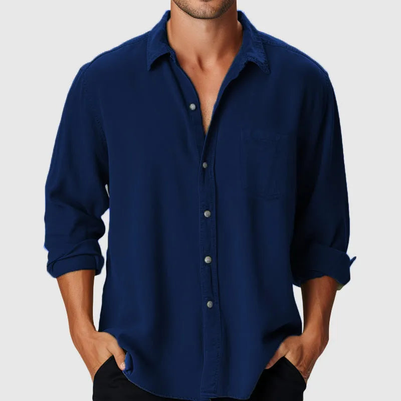 Men's loose fit beach shirt with stand collar and long sleeves in various colours