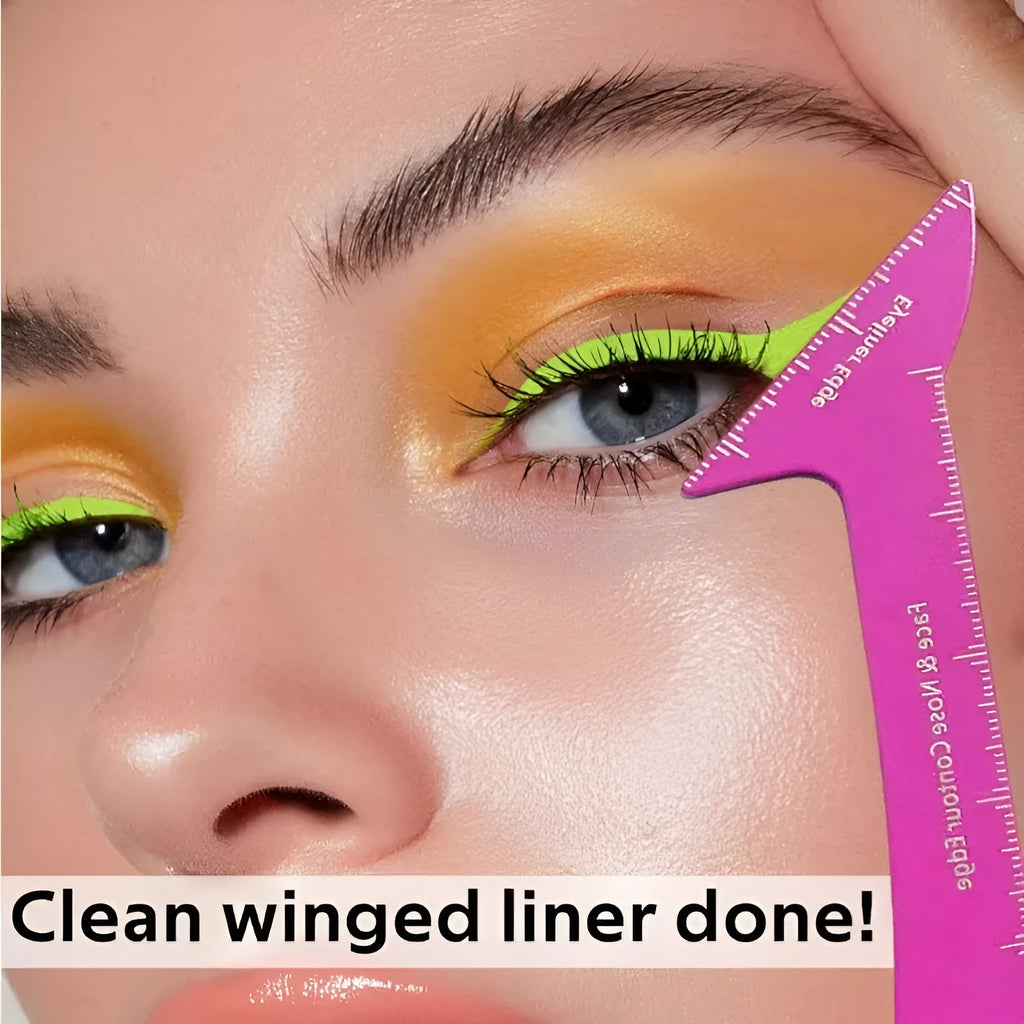 Reusable 3-in-1 eyeliner, eyebrow, and face contour stencil tool designed for hooded eyes.