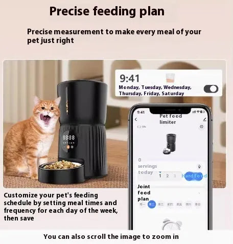 Black and white intelligent pet feeder with automatic timing and quantitative remote feeding function