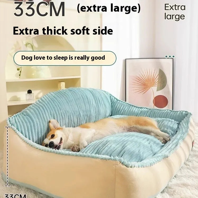 Morandi coloured removable dog mat cat bed in a doghouse shape on a sofa, shown in M and L sizes.