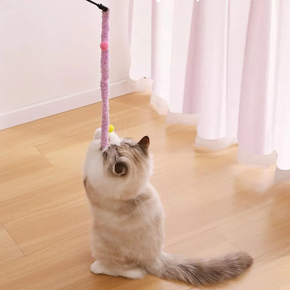 Blue green pink plush strip cat wand toy with 41cm pole and 60cm colourful strip with fluffy bell ball