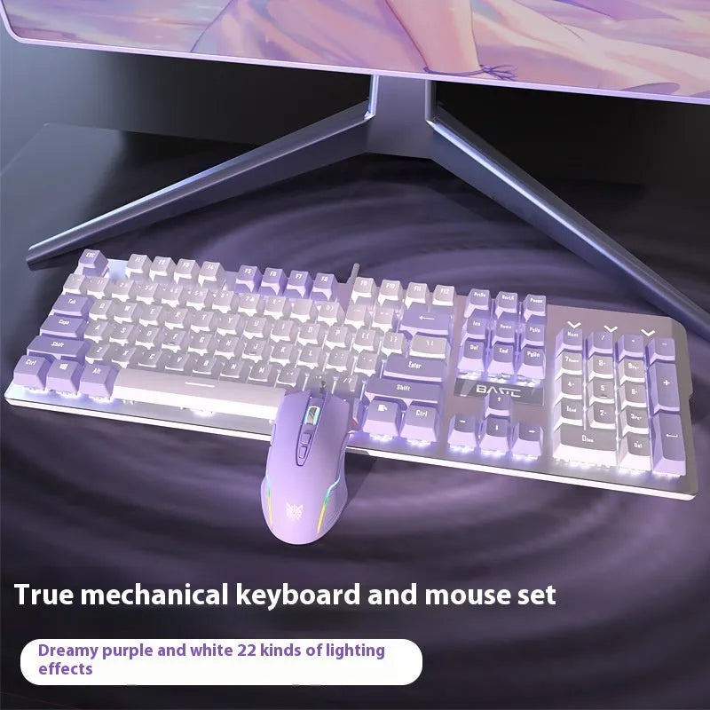 Purple and white wired mechanical keyboard and mouse combo set with backlit keys on a desk.