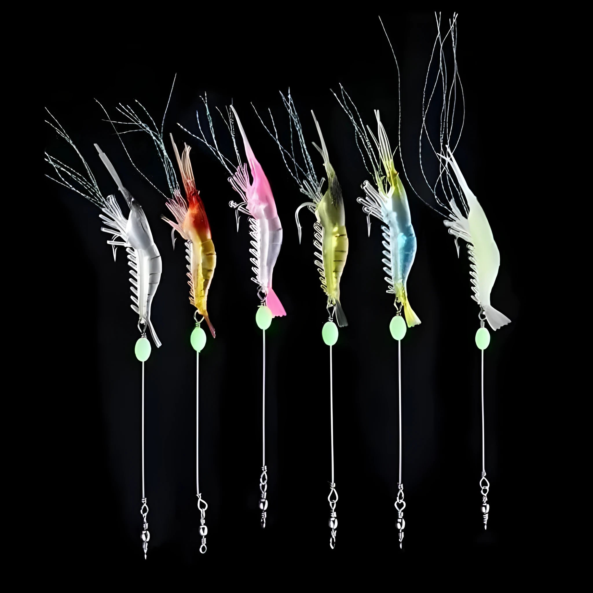 Six Luer soft fishing lures with hooks in assorted colours including black head yellow body and luminous pink