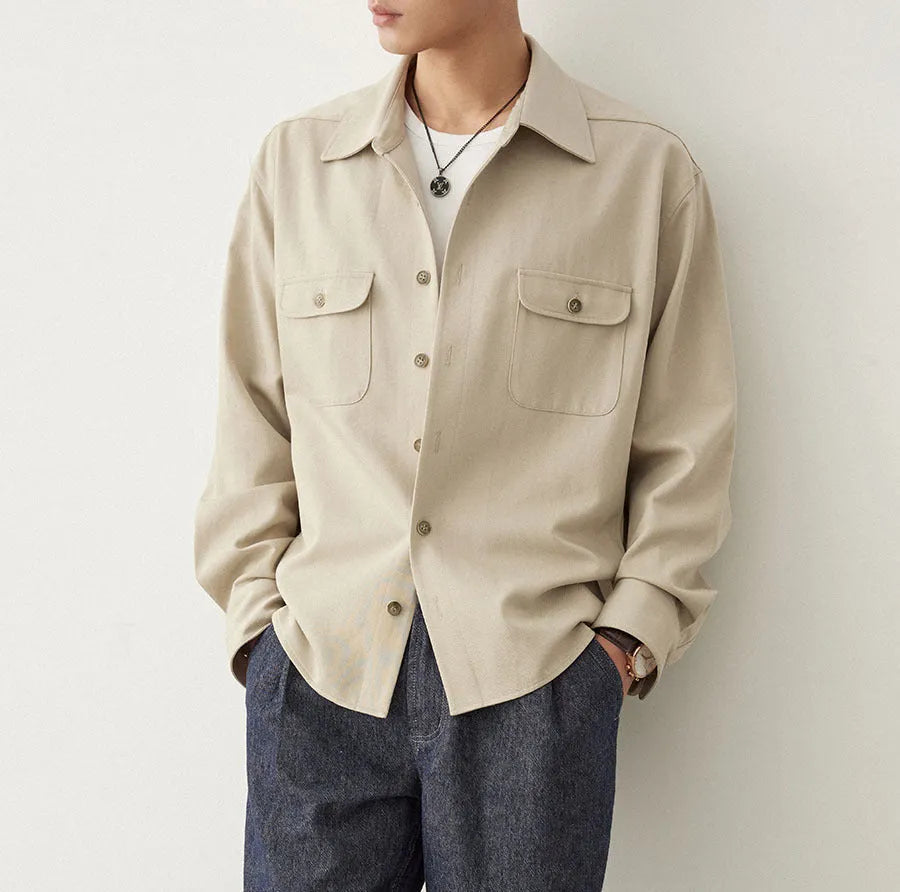 Men's formal shirt with cotton lapel collar in light sand rice colour showing simple profile design