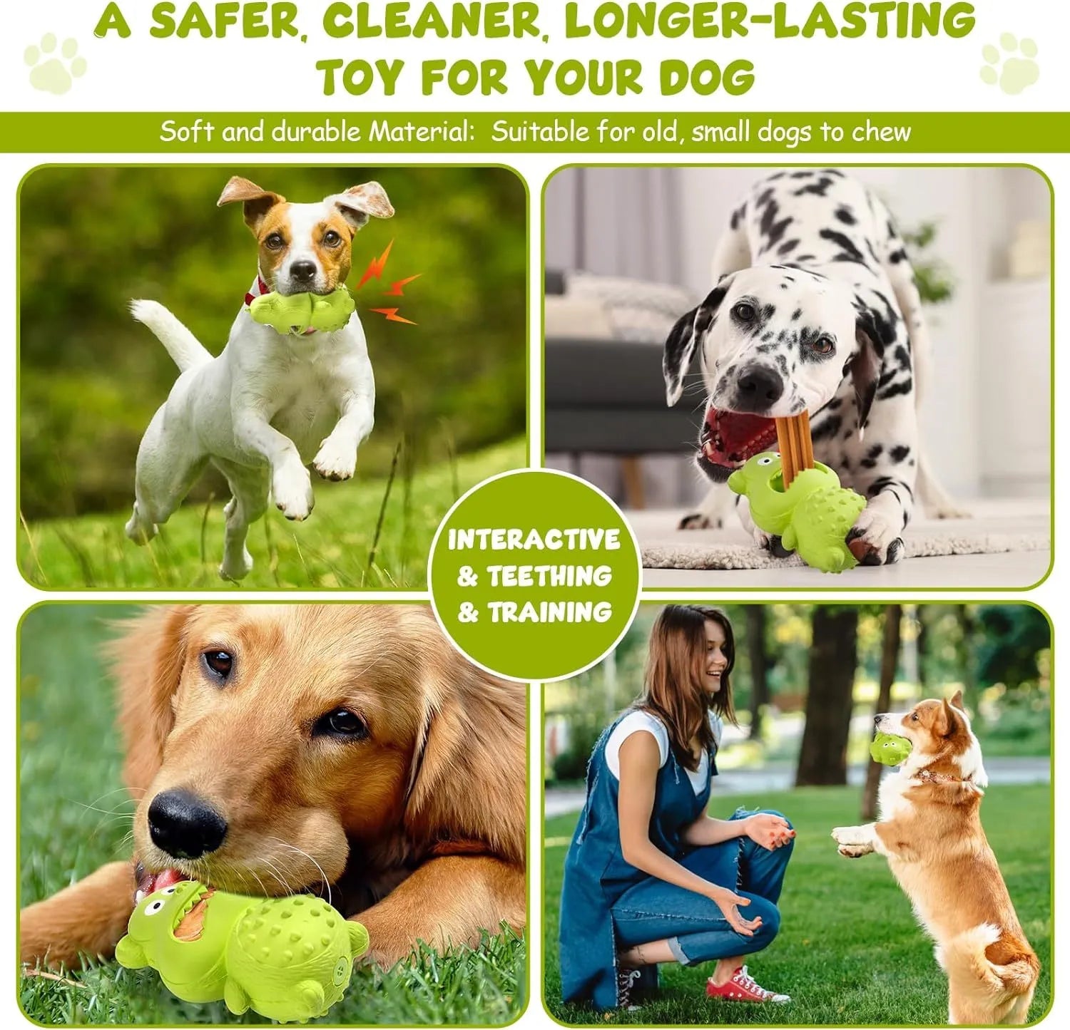 Green and yellow natural rubber dog chew toy for aggressive chewers, shown with a hollow centre for treats.