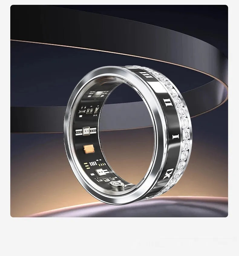 Gold and silver coloured smart ring with a diamond inlay on a finger, showing health tracking design.