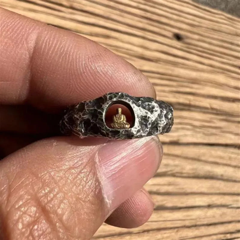 Hand-forged copper Buddha ring with grotto rock texture in size 8