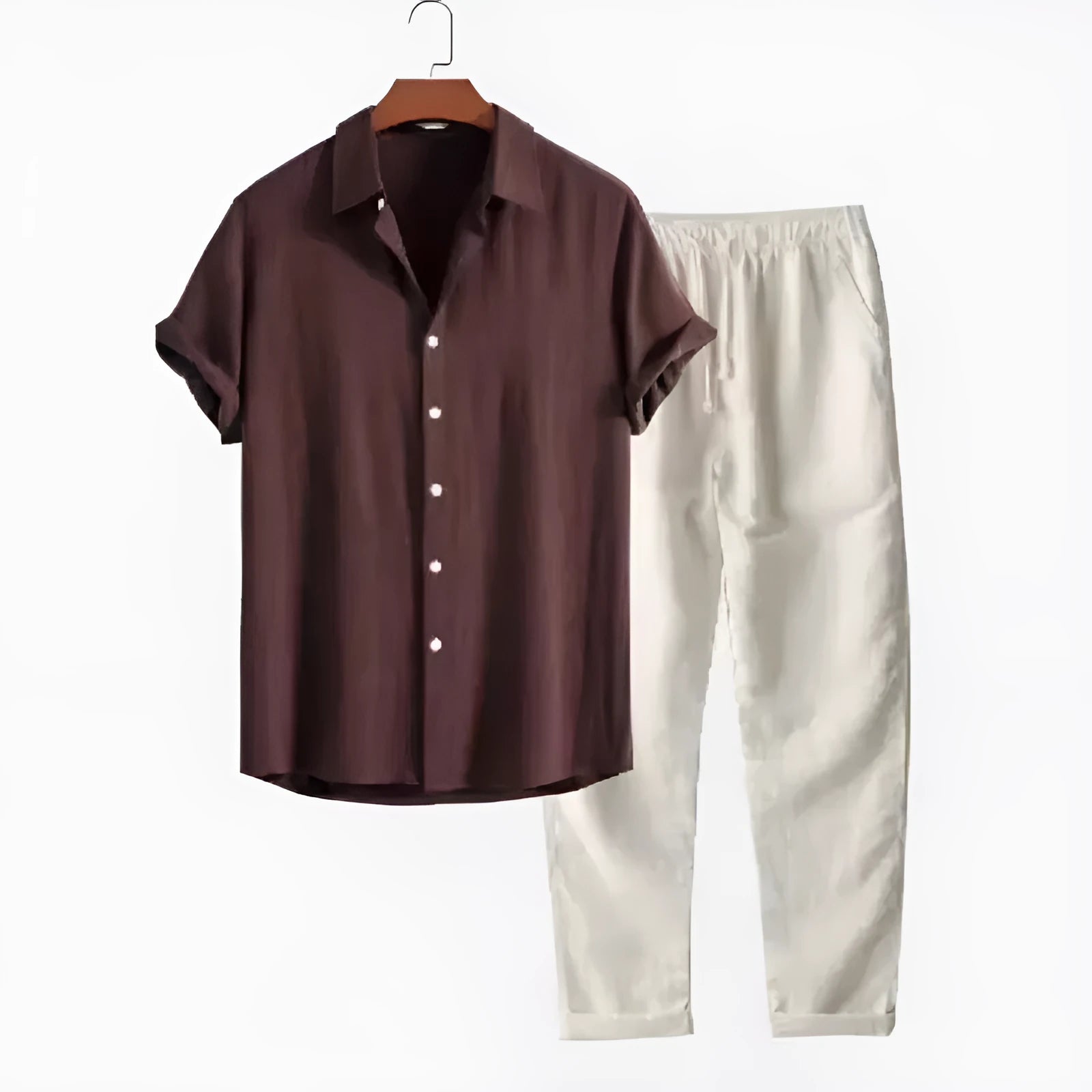 Men's casual short sleeve shirt and trousers suit in polyester linen fabric with loose fit