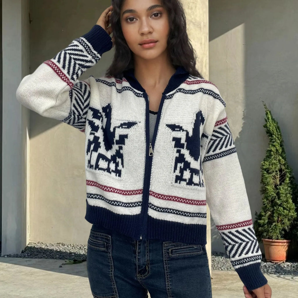 White women's zip cardigan with jacquard wool texture and contrasting lapel