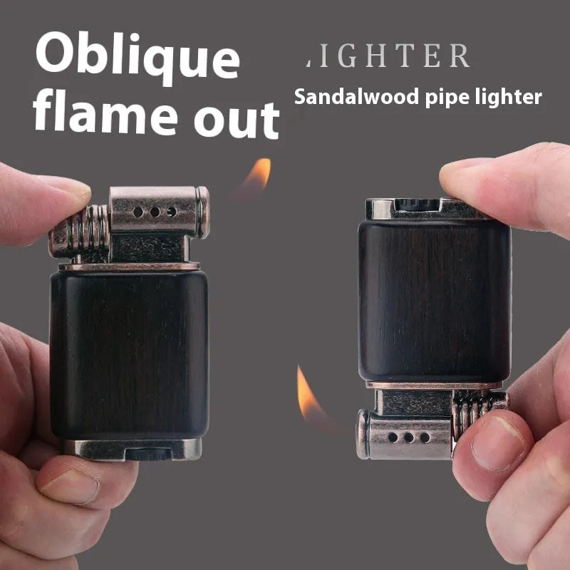 Ebony gas lighter with decorative wood finish in metal construction