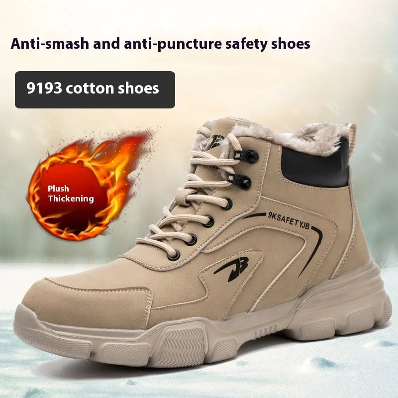 Brown leather labour protection shoes with anti-smashing and puncture-resistant features on rubber soles