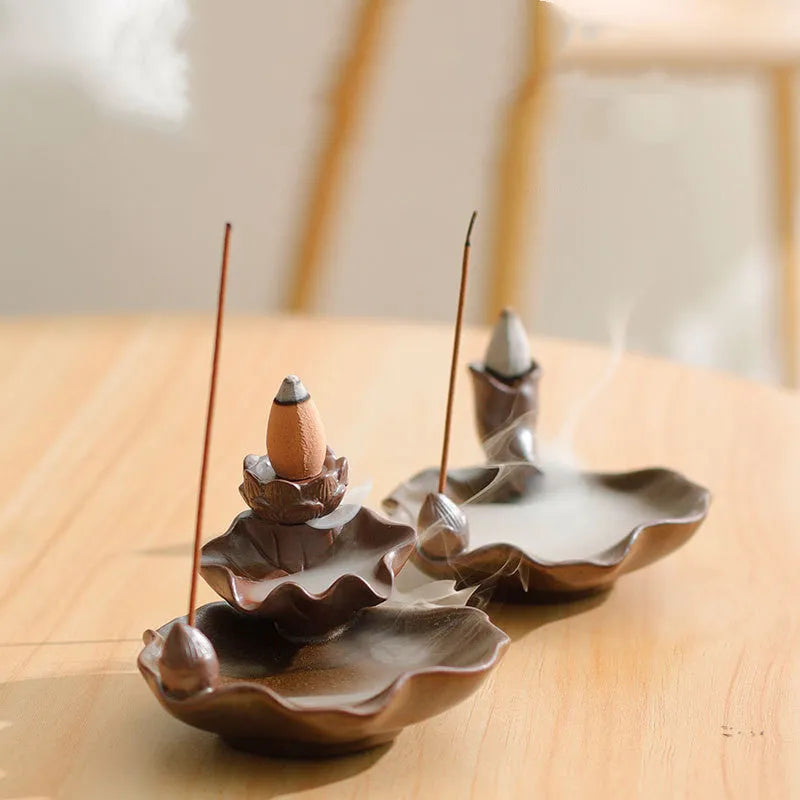 Square ceramic incense burner with purple clay base featuring crystal glaze good luck patterns and lotus designs