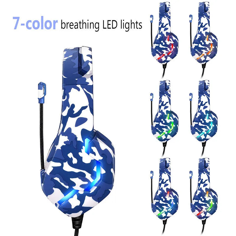 Wired gaming headset with cloth earmuffs and braided cable in camouflage blue or white with 3.5mm plug and adapter