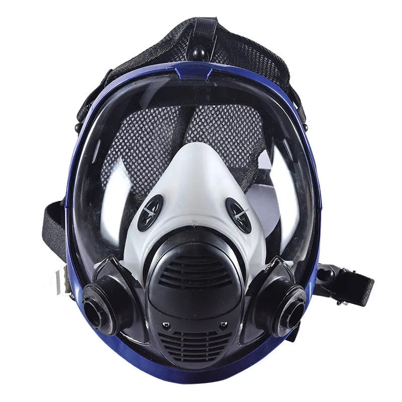KN95 gas activated carbon spherical full face mask with blue edge design and trapezoidal canister