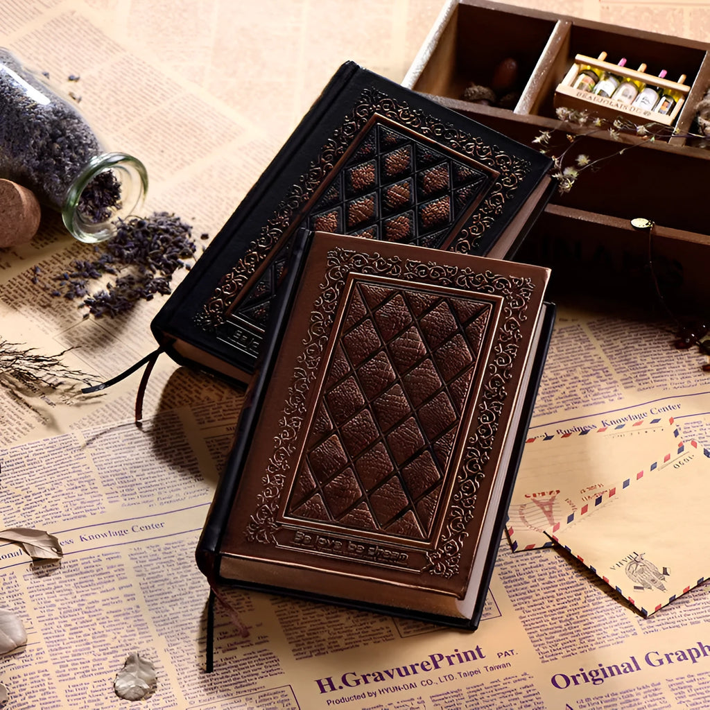 Embossed faux leather A5 notepad with 3D textured cover in bronze and black gold colour options
