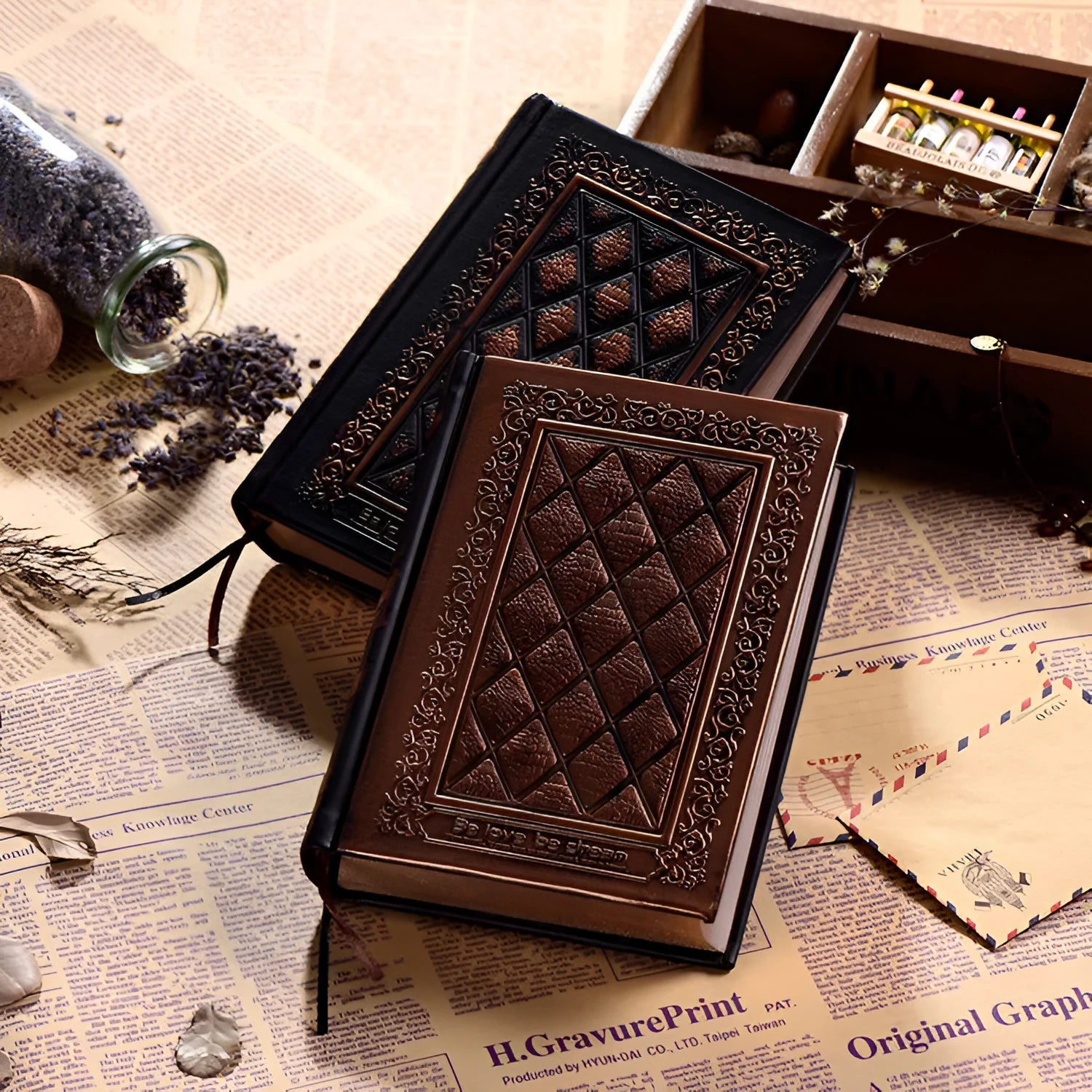 Embossed faux leather A5 notepad with 3D textured cover in bronze and black gold colour options
