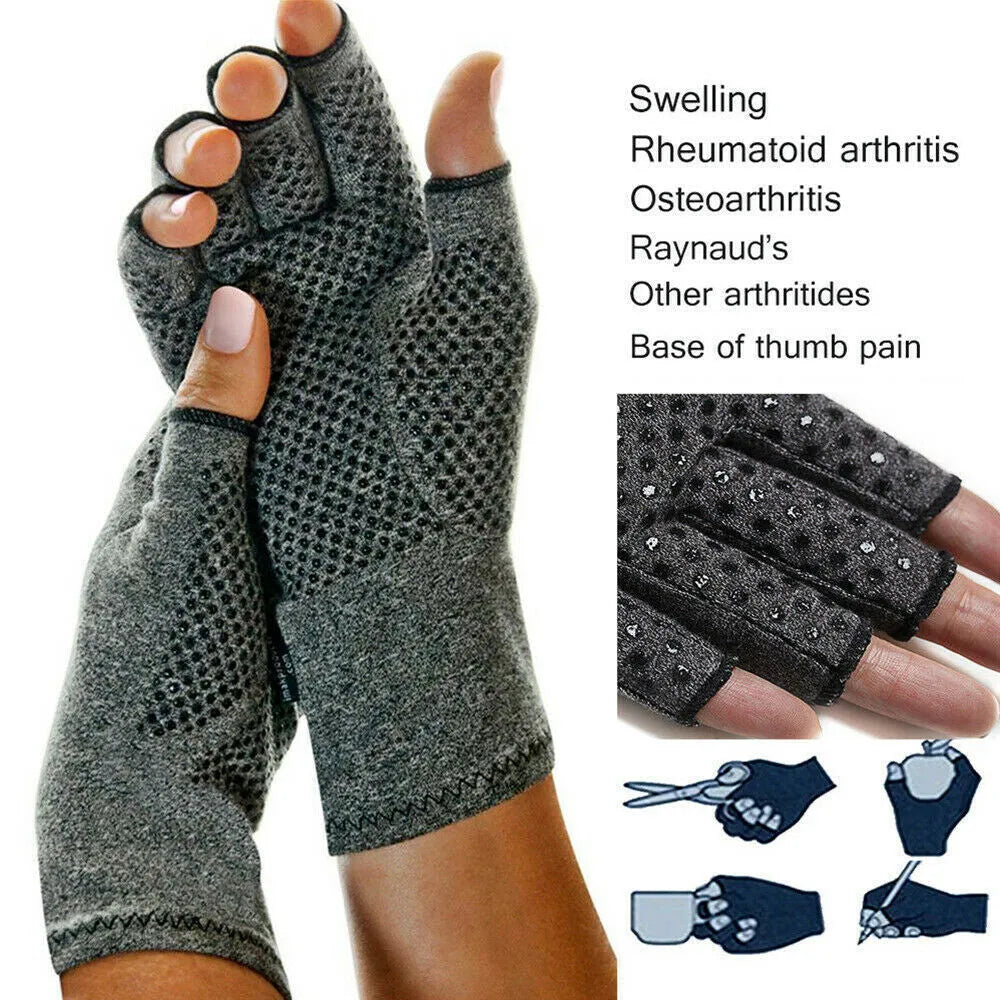 Grey half finger compression gloves showing anti-slip silicone grip palm and joint support design