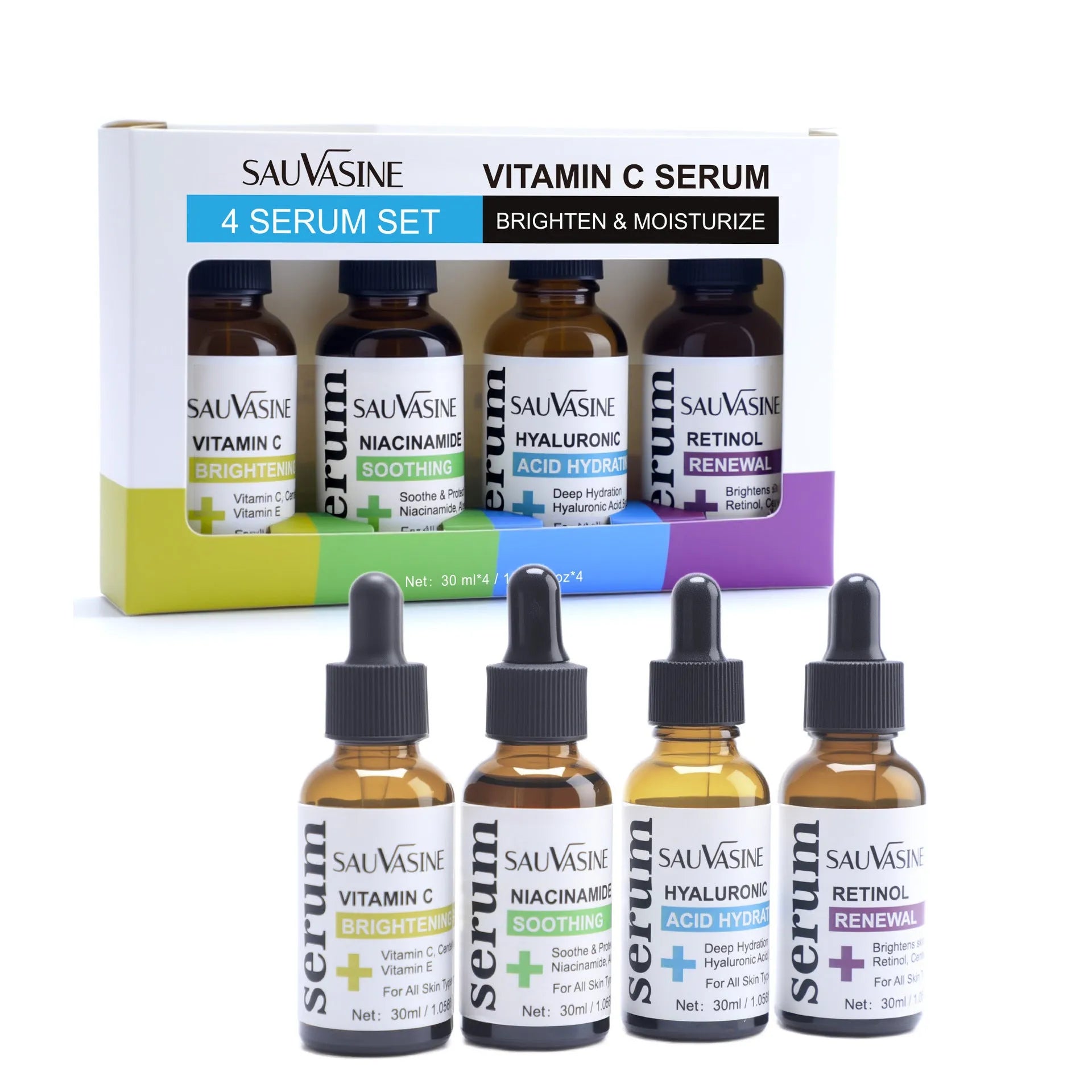 Vitamin C skincare four-piece set with cleanser, toner, essence, and cream bottles