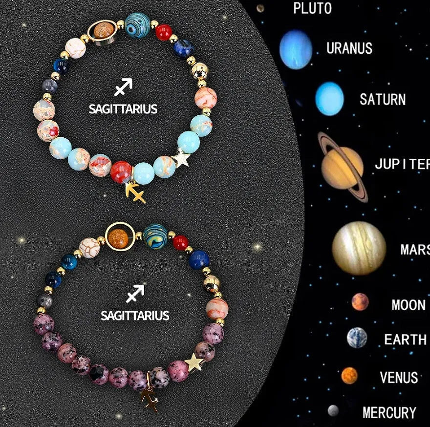 Set of twelve beaded bracelets with natural stone beads and sterling silver zodiac charms on a dark background.