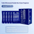 Toilet bubble powder cleaning product in blue ocean or pink floral fragrance, offered in boxed sachets or a large bag.