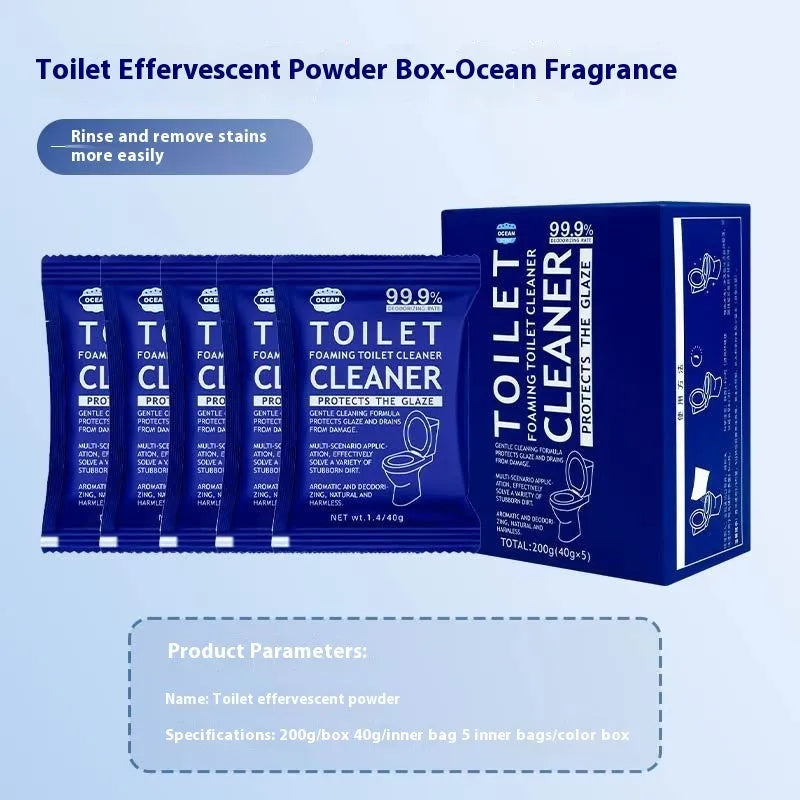Toilet bubble powder cleaning product in blue ocean or pink floral fragrance, offered in boxed sachets or a large bag.
