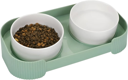 Ceramic elevated cat bowls with 15° tilted stand in green, white, and yellow colour options