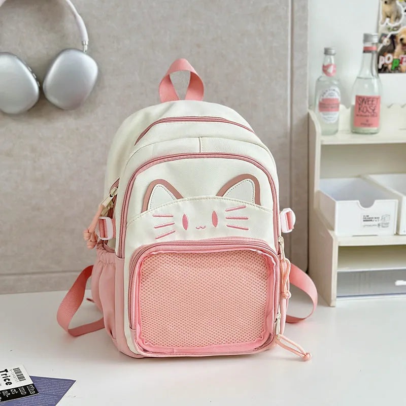 Korean cartoon animation style backpack in two sizes with curved shoulder straps.