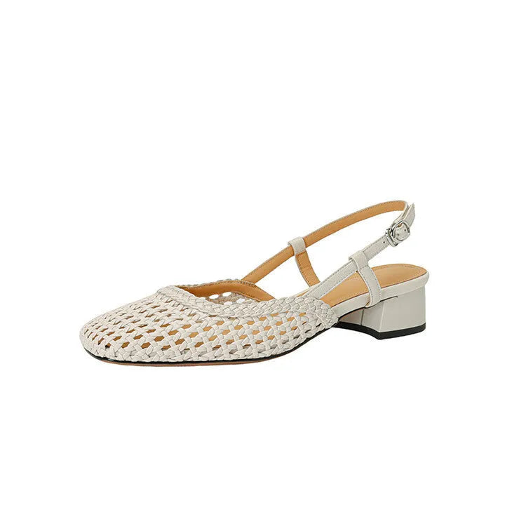 Women's woven hollow-out closed toe sandals with chunky heel and buckle closure in black