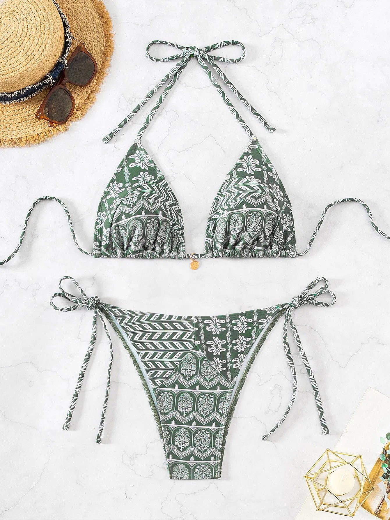 Women's split bikini swimsuit with bandage stitching in polyester fabric, available in multiple colours